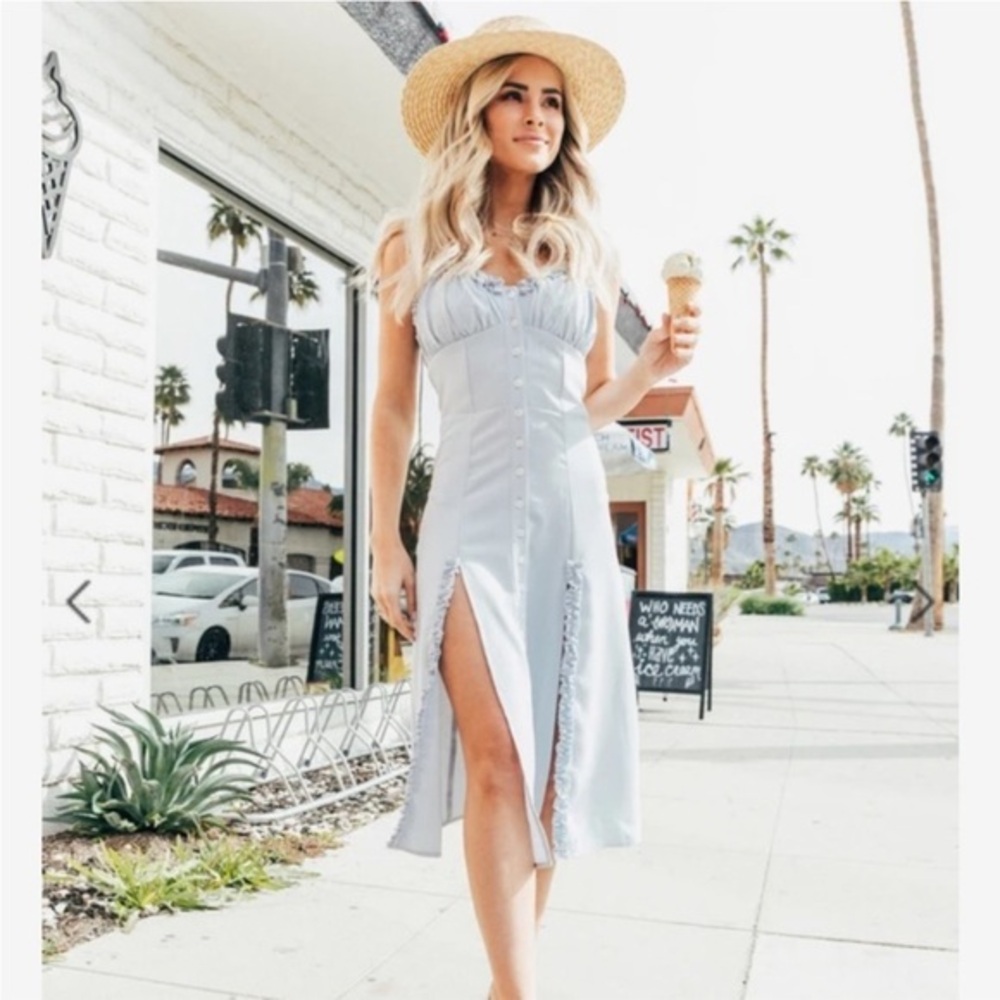 Light Blue Button-Front Midi Dress with Front Slits - Picture 1 of 4